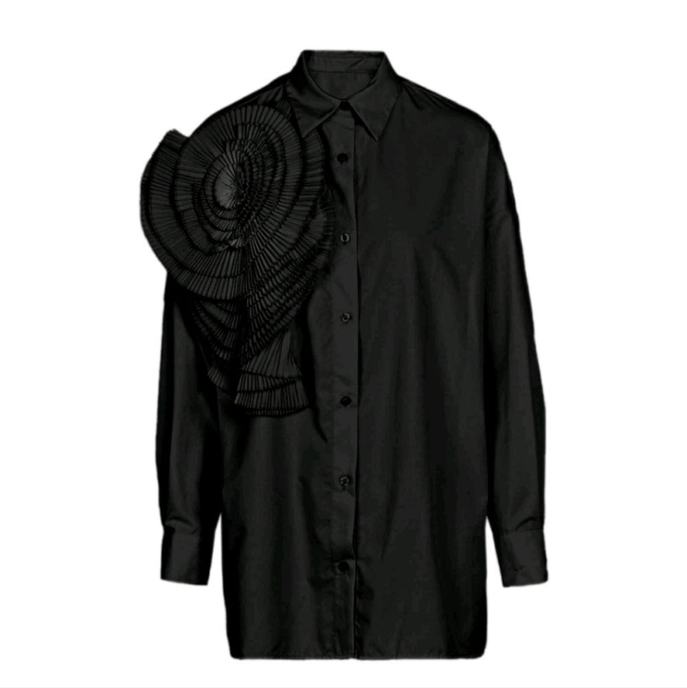 Womens Long Sleeve Art Deco Black Flower Oversize Button Dress Shirt Sz L - Picture 2 of 11
